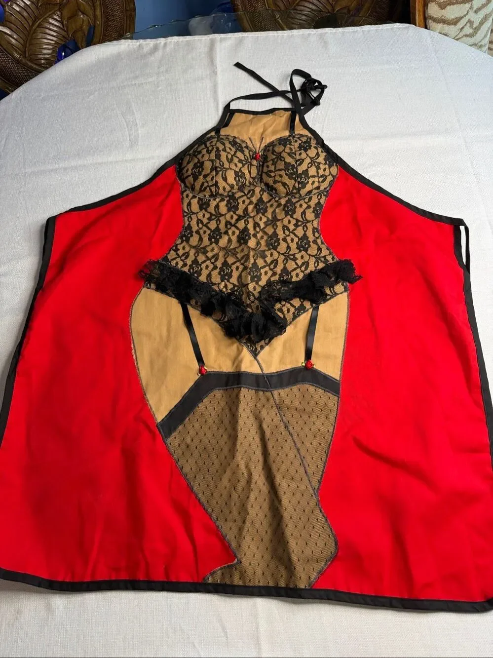 Mullins Square Lingerie Pin Up Novelty Apron Black Lace Red One Size